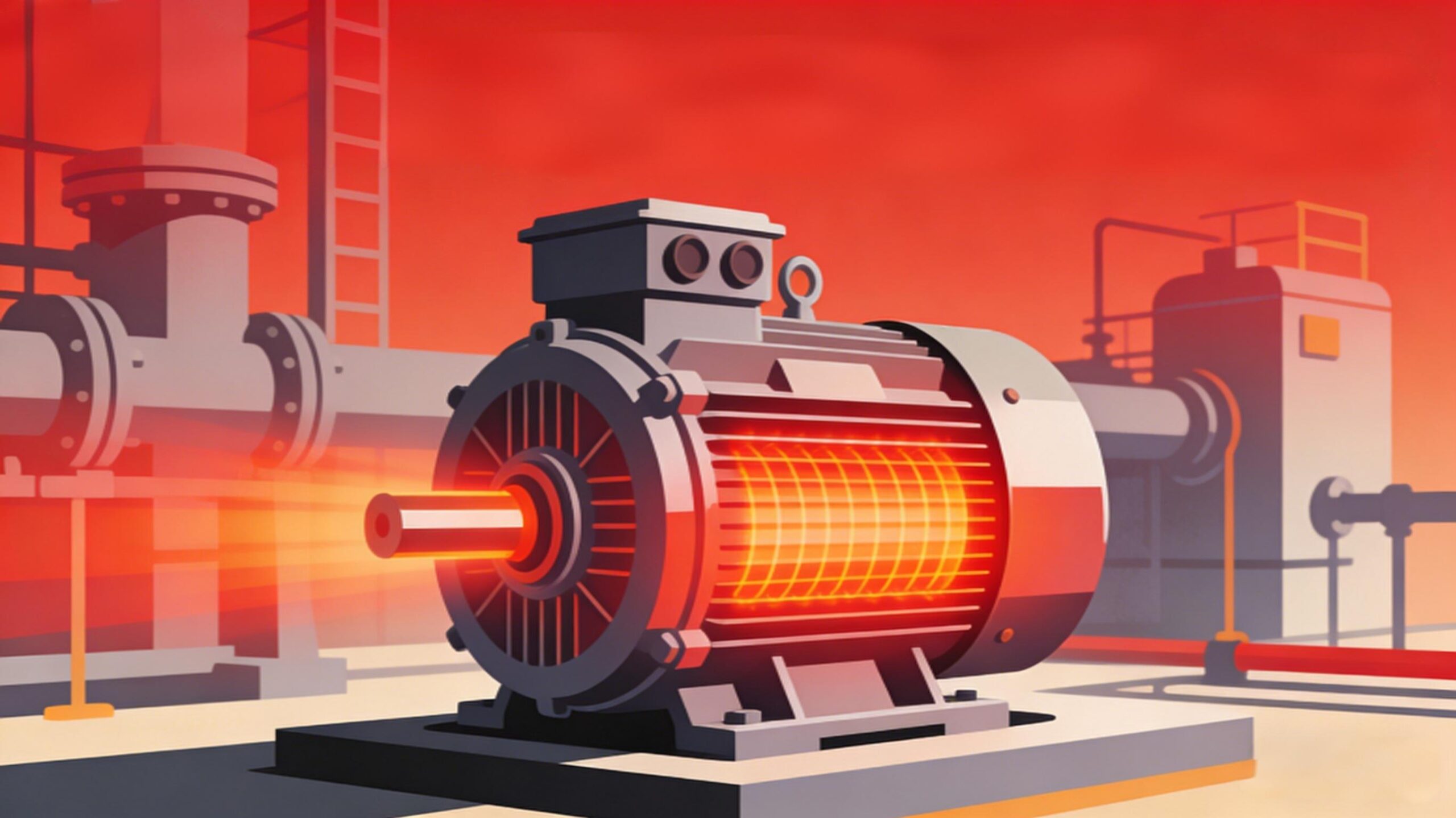 Illustration of AC motor thermal warning indicator; intuitive breakdown of electrical causes (overload, voltage imbalance) and mechanical/environmental causes (poor ventilation, bearing wear); soft green background, educational non-branded design.