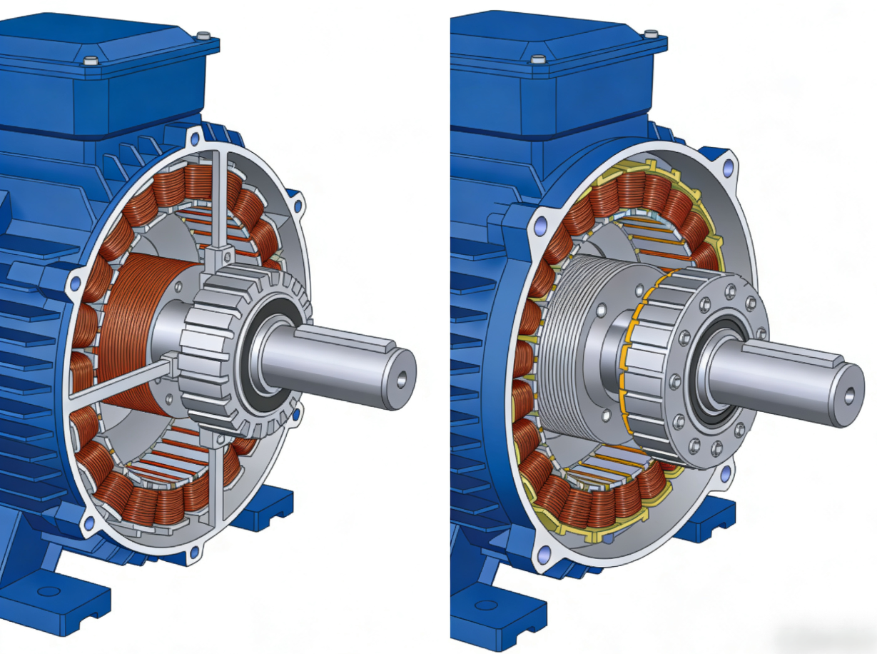 AC- vs. DC-Motorstruktur-Vergleichsdiagramm, das Rotor-, Stator-, Kommutator- und Wicklungsunterschiede zeigt – Dayou Motor