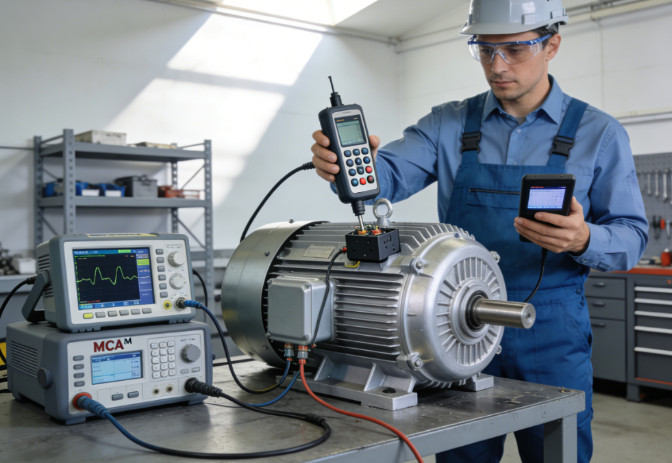 Engineer performing power-on and power-off motor testing with diagnostic tools for AC and DC motors – Dayou Motor maintenance process