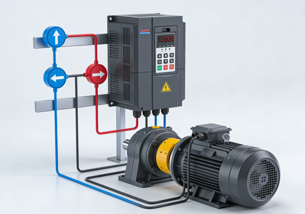 Technician inspecting AC motor rotation direction during commissioning.