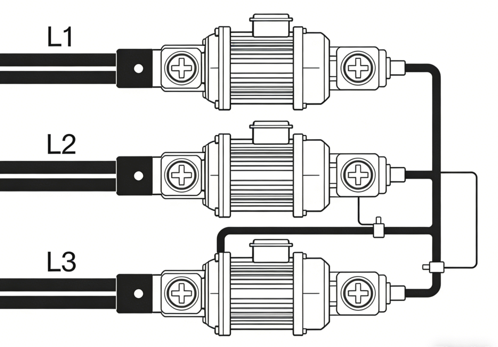 Diagram showing how phase sequence creates a rotating magnetic field in a three-phase AC motor.