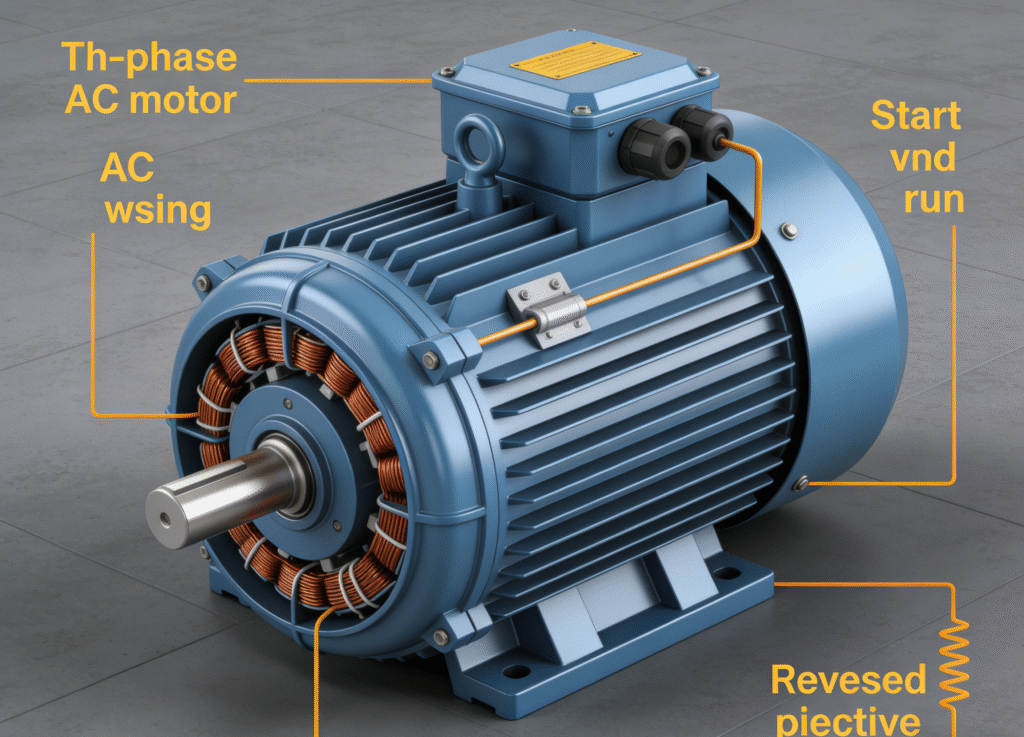 Wiring diagram of single-phase AC motor showing how swapping auxiliary winding terminals reverses rotation.