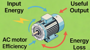 Illustration showing AC motor efficiency with input energy, useful output, and energy loss