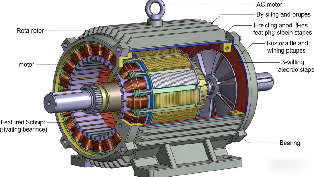 Diagram showing internal AC motor parts such as stator, rotor, windings, bearings, and cooling components