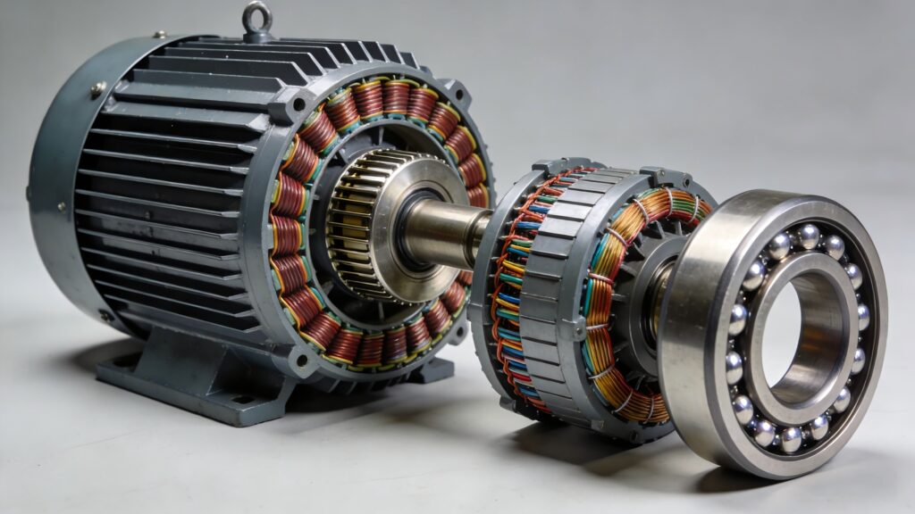 Close-up view of stator, rotor, windings, and bearings used in industrial AC motors