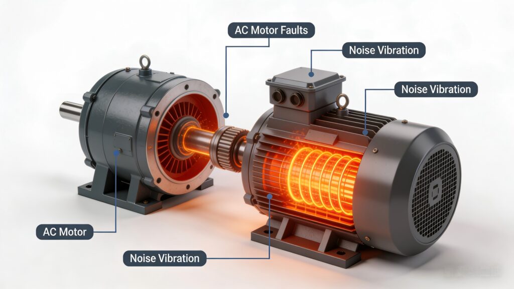 Diagram illustrating AC motor noise, vibration, and overheating problems commonly found in industrial motors