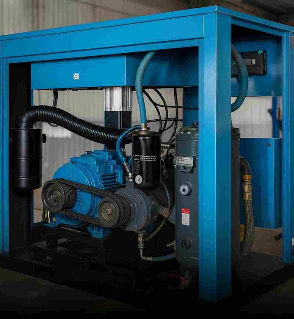 Industrial air compressor unit powered by electric motor