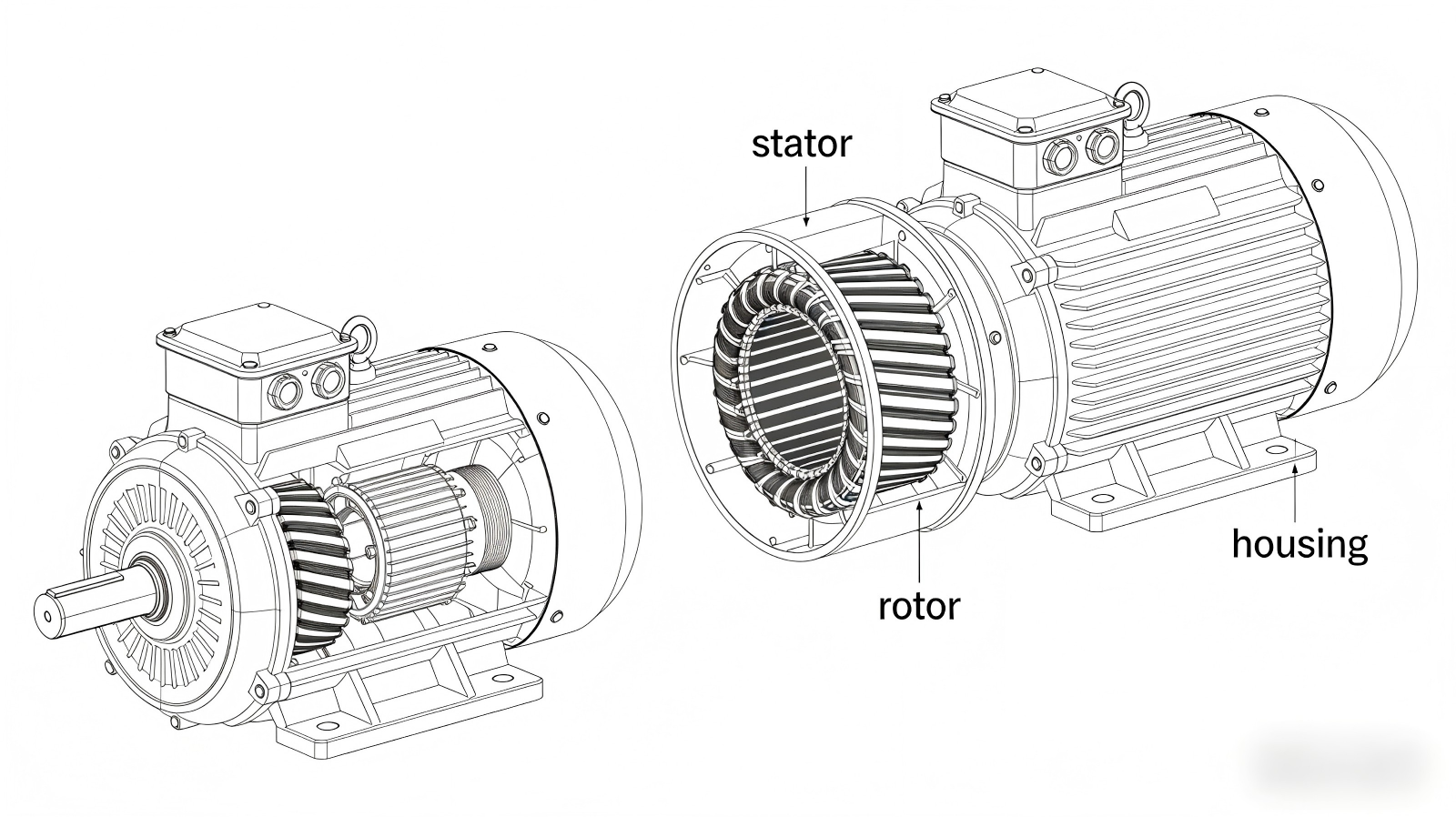 Exploded view diagram of a three-phase electric motor showing Stator, Rotor, and Casing.