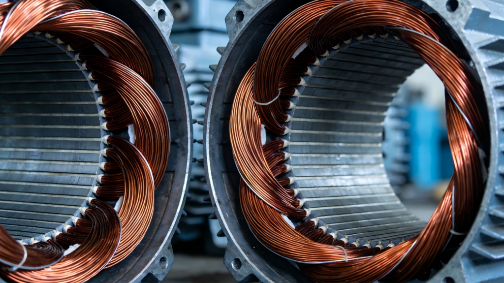 Close-up of a three-phase electric motor stator with copper windings.