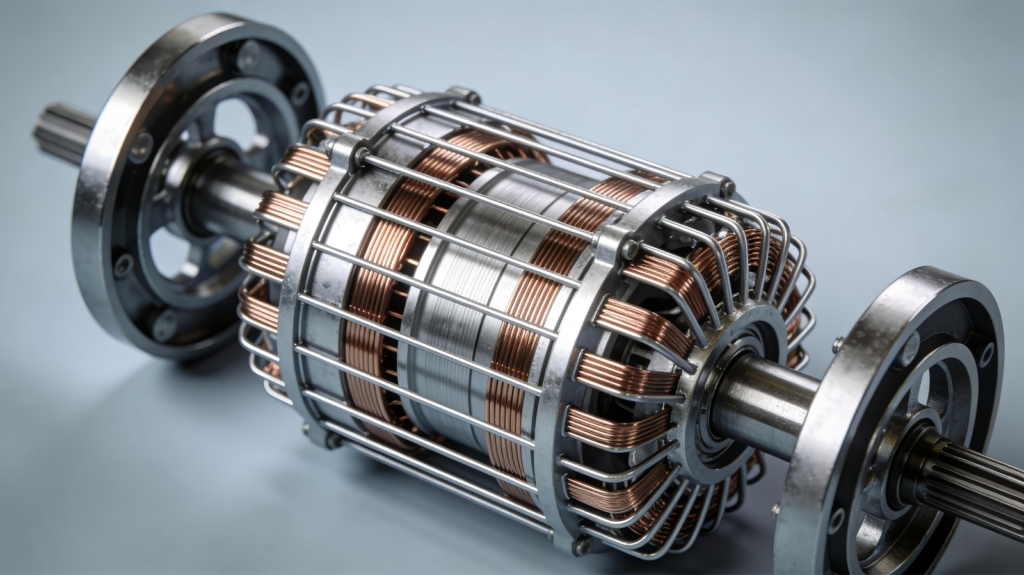 Close-up of a squirrel-cage rotor for a three-phase electric motor.