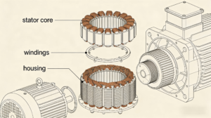 Electric Motor Stator Structure Diagram including stator core, stator windings, and housing