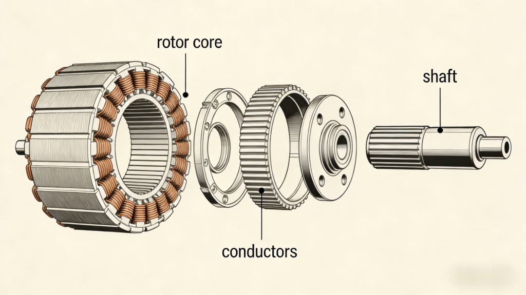 Electric Motor Rotor Structure including rotor core, rotor conductors, and motor shaft