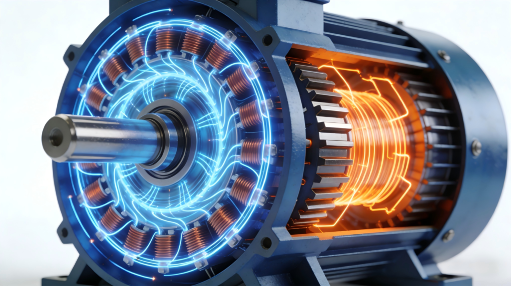 Working principle of electric motor stator and rotor, rotating magnetic field driving rotor rotation