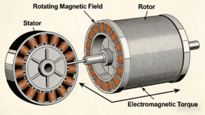 Принципиальная схема трехфазного асинхронного двигателя, показывающая вращающееся магнитное поле статора, магнитное поле ротора и процесс преобразования энергии.