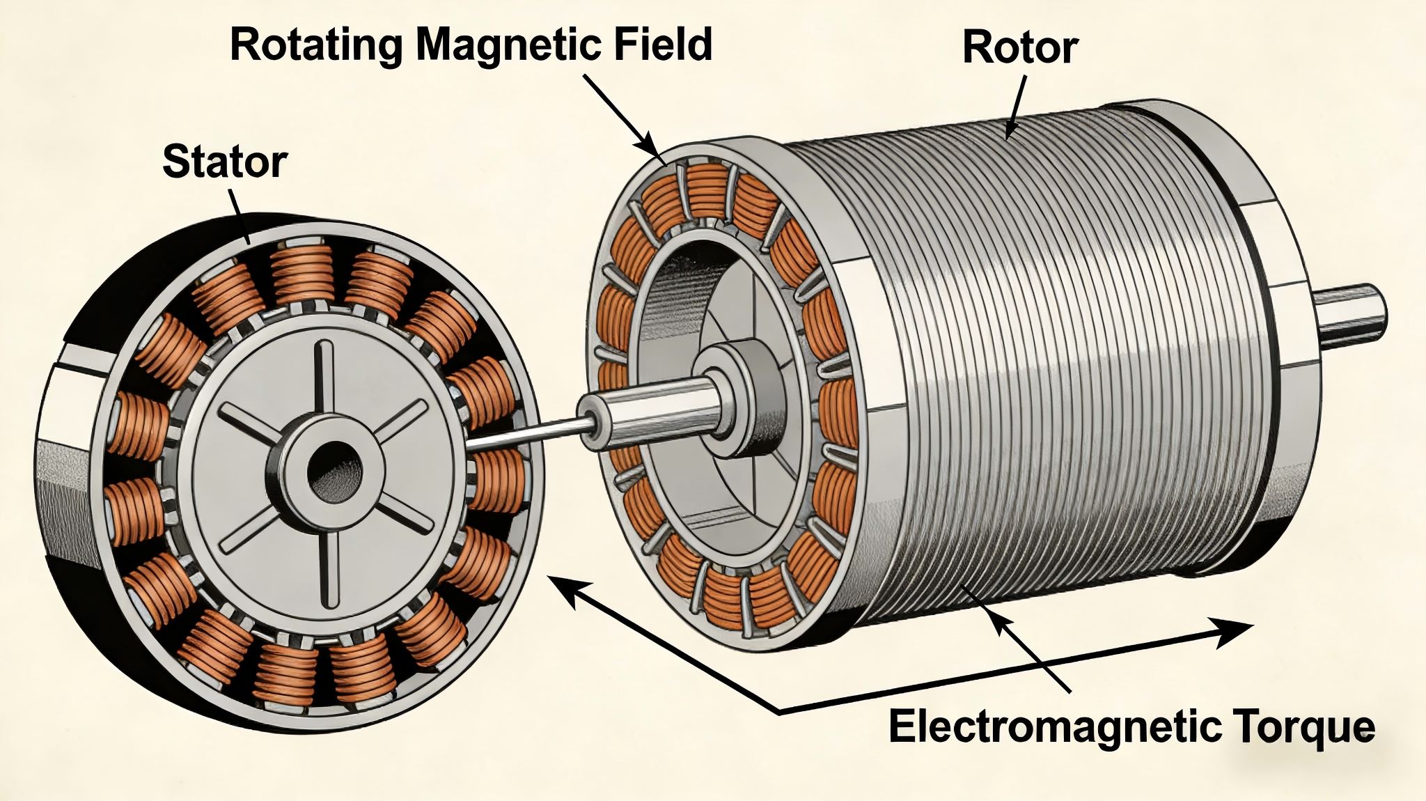 Принципиальная схема трехфазного асинхронного двигателя, показывающая вращающееся магнитное поле статора, магнитное поле ротора и процесс преобразования энергии.