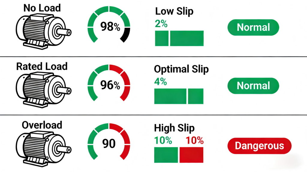 Relationship between motor speed and slip under no-load, rated load and overload conditions