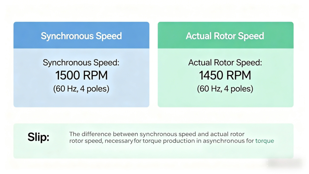 Synchronous Speed vs Actual Rotor Speed and Slip in Asynchronous Motors