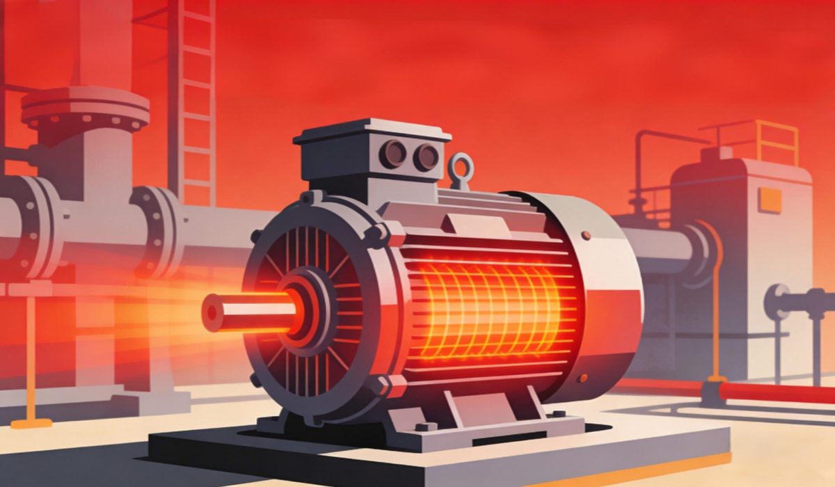 Illustration einer thermischen Warnanzeige für Wechselstrommotoren; intuitive Aufschlüsselung der elektrischen Ursachen (Überlastung, Spannungsungleichgewicht) und der mechanischen/umweltbedingten Ursachen (schlechte Belüftung, Lagerverschleiß); sanfter grüner Hintergrund, lehrreiches, markenneutrales Design.