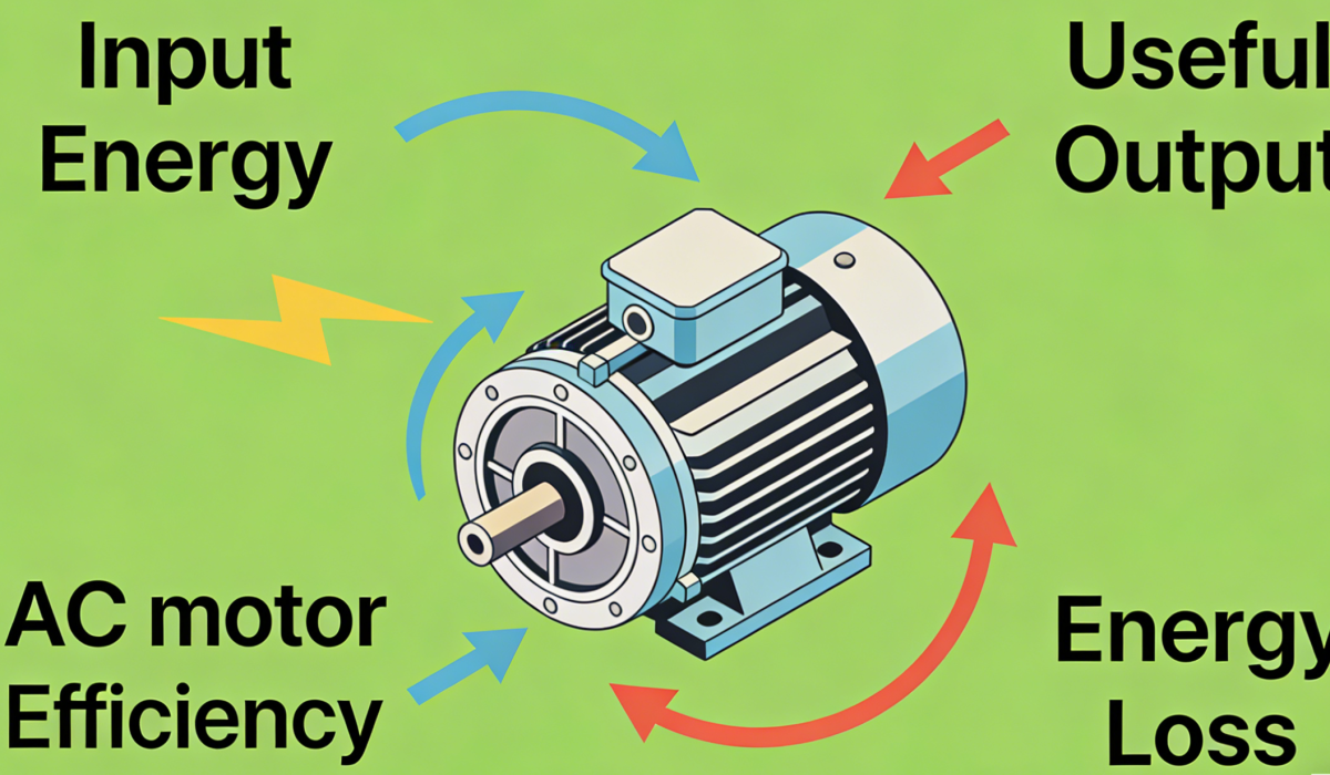 Illustration showing AC motor efficiency with input energy, useful output, and energy loss