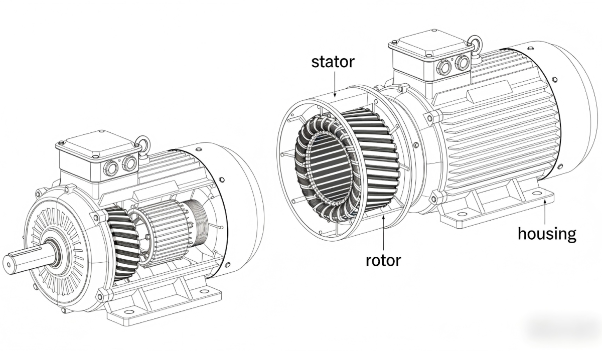 Exploded view diagram of a three-phase electric motor showing Stator, Rotor, and Casing.