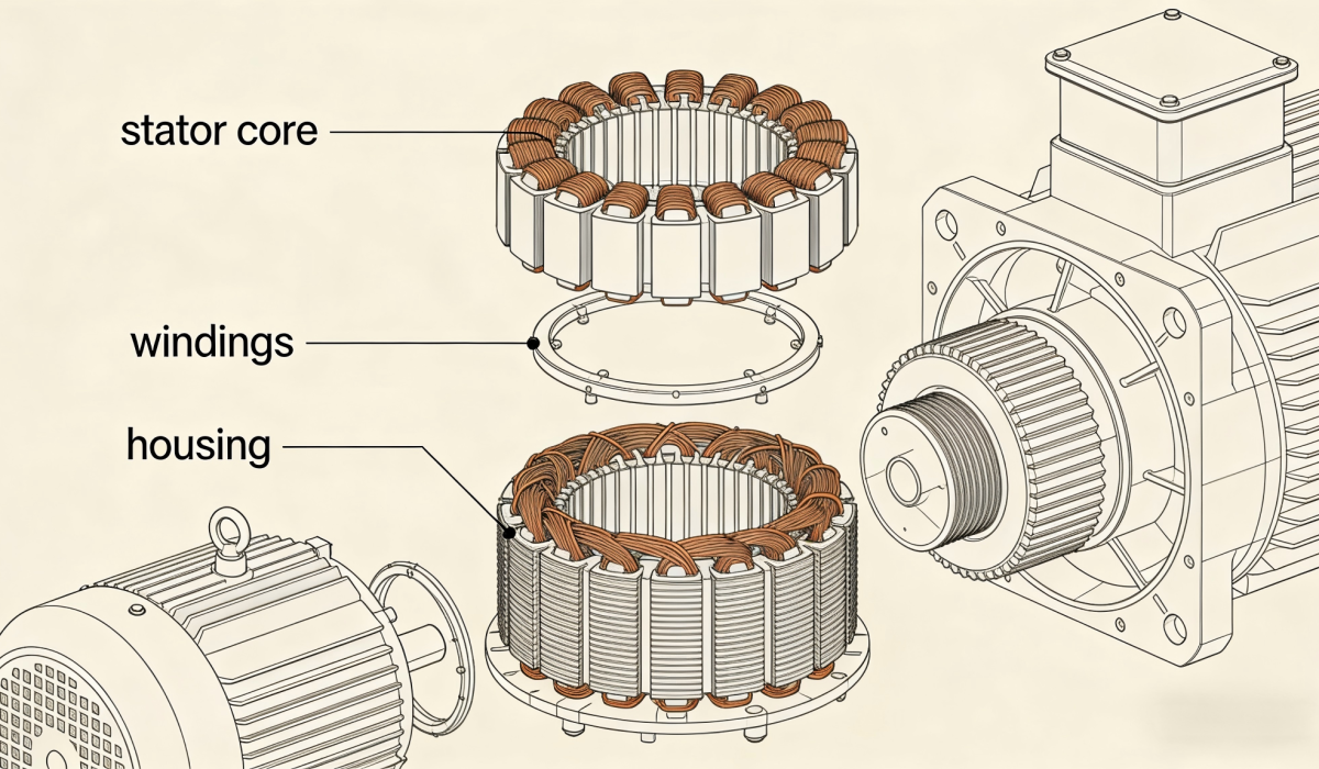 Electric Motor Stator Structure Diagram including stator core, stator windings, and housing