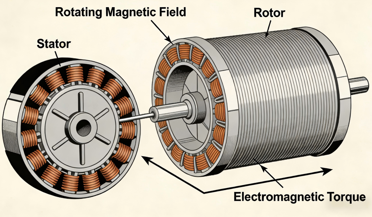 Working principle diagram of three-phase asynchronous motor, showing stator rotating magnetic field, rotor cutting magnetic field and energy conversion process